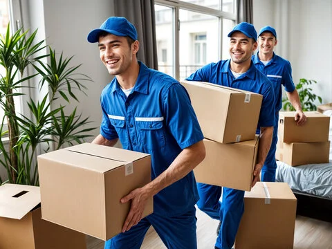 Professional movers carrying packed cardboard boxes for storage services in Bangalore